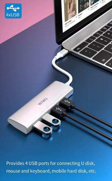 موزع Wiwu Alpha USB-C متعدد المنافذ 4 في 1 | رمادي موزع Wiwu Alpha USB-C متعدد المنافذ 4 في 1 | رمادي